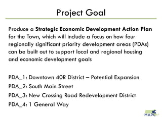 Project Goal
Produce a Strategic Economic Development Action Plan
for the Town, which will include a focus on how four
regionally significant priority development areas (PDAs)
can be built out to support local and regional housing
and economic development goals
PDA_1: Downtown 40R District – Potential Expansion
PDA_2: South Main Street
PDA_3: New Crossing Road Redevelopment District
PDA_4: 1 General Way
 