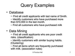 © Prentice Hall 7
Query Examples
• Database
• Data Mining
– Find all customers who have purchased milkFind all customers who have purchased milk
– Find all items which are frequently purchasedFind all items which are frequently purchased
with milk. (association rules)with milk. (association rules)
– Find all credit applicants with last name of Smith.Find all credit applicants with last name of Smith.
– Identify customers who have purchased moreIdentify customers who have purchased more
than $10,000 in the last month.than $10,000 in the last month.
– Find all credit applicants who are poor creditFind all credit applicants who are poor credit
risks. (classification)risks. (classification)
– Identify customers with similar buying habits.Identify customers with similar buying habits.
(Clustering)(Clustering)
 