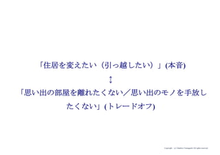 Copyright (c) Takahiro Yamaguchi All rights reserved.
「住居を変えたい（引っ越したい）」としても、
「思い出の部屋を離れたくない／思い出のモノを手放し
たくない」のです。
 