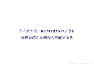 Copyright (c) Takahiro Yamaguchi All rights reserved.
山間部・僻地での
重作業
リモートで在庫管理
所在位置と他の
センサー情報が
取得できる
元のアイデア
元のアイデアの要素分解
（良い要素＝エッセンス）
エッセンス統合アイデア
センサー情報の取得という
エッセンスから盗難を遠隔
で検知し鍵を施錠すること
で防止という機能が開発さ
れ、リモートで在庫管理す
るというエッセンスから遠
隔での稼働最適化システム
が考案された。
 