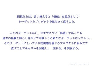 Copyright (c) Takahiro Yamaguchi All rights reserved.
このように既視感を感じてくれる
ユーザーに対象をシフトし、
さらにそのユーザーにとって「あ、知ってる」を加える
＝既視化すること
既視化することにより、過去と比較して
「よりよい」と感じてもらう
 