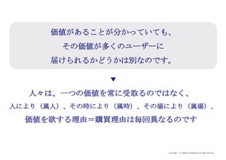 Copyright (c) Takahiro Yamaguchi All rights reserved.
こんなシーンを思い浮かべてみて下さい。
カフェでコーヒーを買ってオフィスに持ち帰るとします。
そこでの購買理由は以下のどれでしょうか？
「仕事へのスイッチを入れる」
「乾いた喉を潤す」
「仕事中の口寂しさを紛らわせる」
「目を覚ます」
「コーヒーを片手に同僚と会話を弾ませる」
 