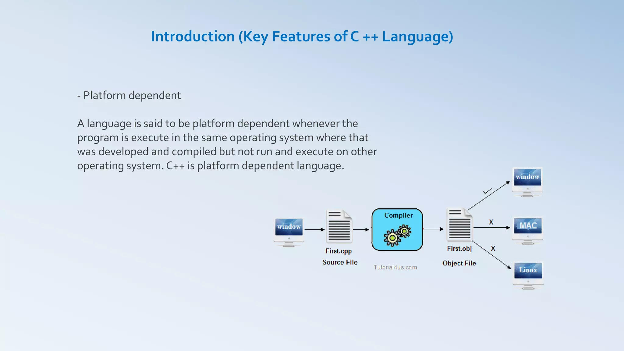 Introduction (Key Features of C ++ Language)
- Platform dependent
A language is said to be platform dependent whenever the
program is execute in the same operating system where that
was developed and compiled but not run and execute on other
operating system. C++ is platform dependent language.
 