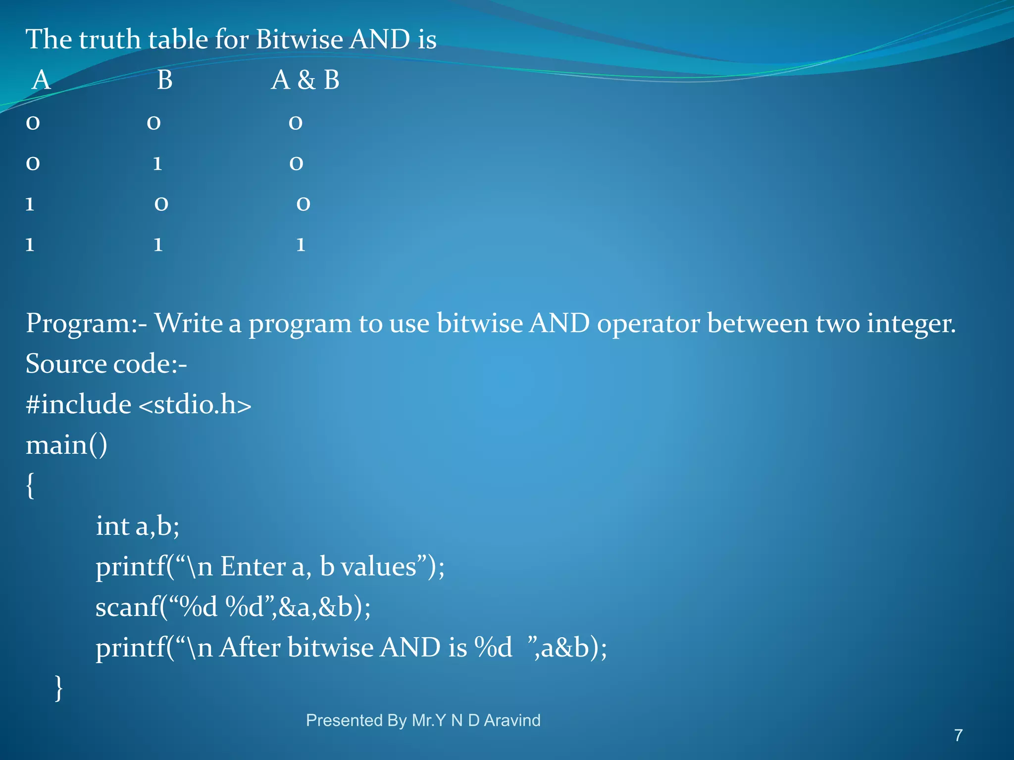 The truth table for Bitwise AND is A B A & B 0 0 0 0 1 0 1 0 0 1 1 1 Program:- Write a program to use bitwise AND operator between two integer. Source code:- #include <stdio.h> main() { int a,b; printf(“n Enter a, b values”); scanf(“%d %d”,&a,&b); printf(“n After bitwise AND is %d ”,a&b); } Presented By Mr.Y N D Aravind 7 