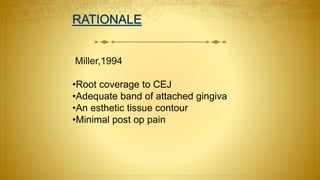 Miller,1994
•Root coverage to CEJ
•Adequate band of attached gingiva
•An esthetic tissue contour
•Minimal post op pain
 