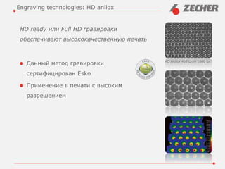 HD ready или Full HD гравировки
обеспечивают высококачественную печать
Данный метод гравировки
сертифицирован Esko
Применение в печати с высоким
разрешением
Engraving technologies: HD anilox
HD Anilox 400 L/cm 1000 lpi
 