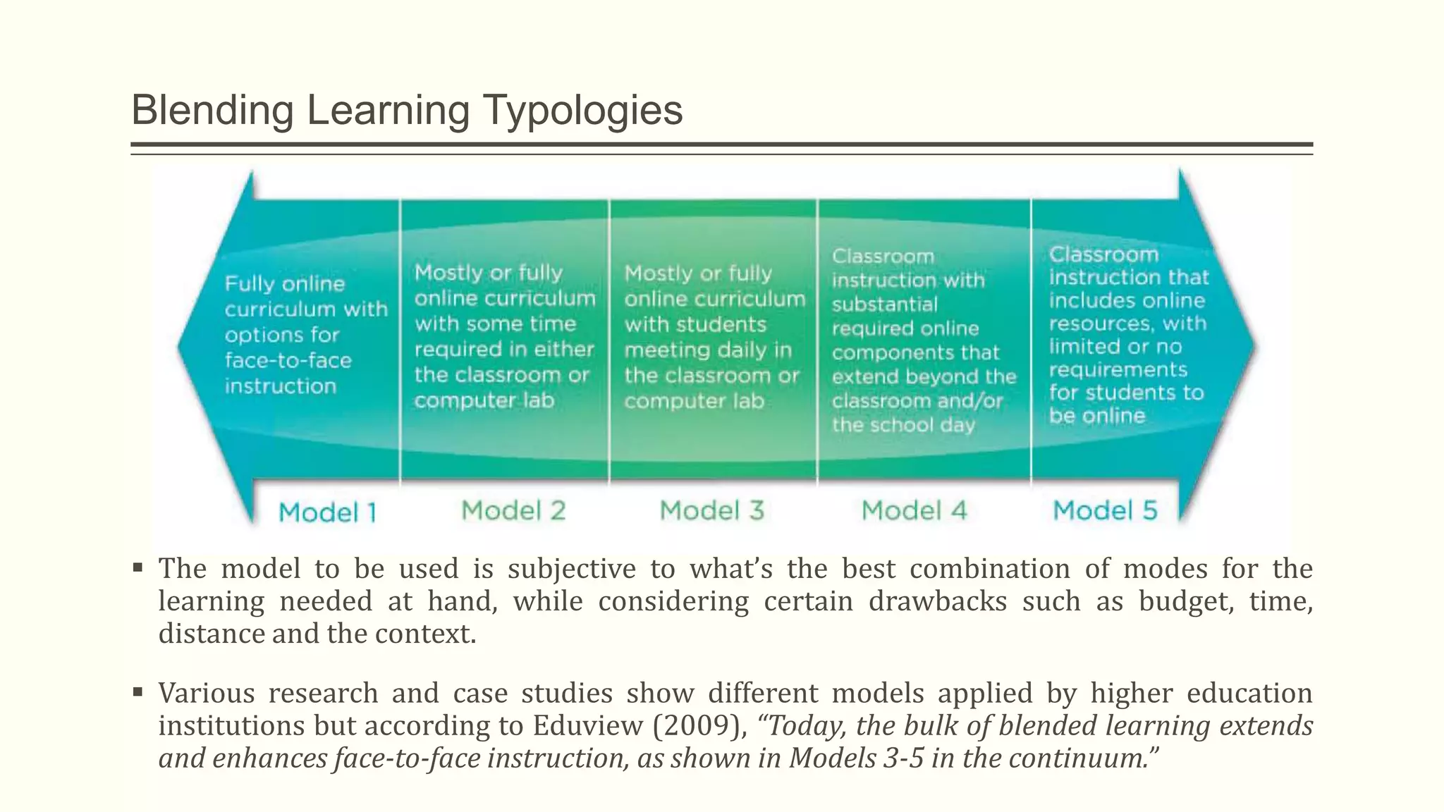 Blending Learning Typologies
 The model to be used is subjective to what’s the best combination of modes for the
learning needed at hand, while considering certain drawbacks such as budget, time,
distance and the context.
 Various research and case studies show different models applied by higher education
institutions but according to Eduview (2009), “Today, the bulk of blended learning extends
and enhances face-to-face instruction, as shown in Models 3-5 in the continuum.”
 