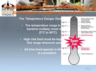 Identify standards/requirements applying
to workplace hygiene procedures
The ‘Temperature Danger Zone’ (TDZ):
• The temperature range in which
bacteria multiply most rapidly
(5°C to 60°C)
• High risk food must be kept out of
this range whenever possible
• All time food spends in this Zone
is cumulative.
Slide 18
 