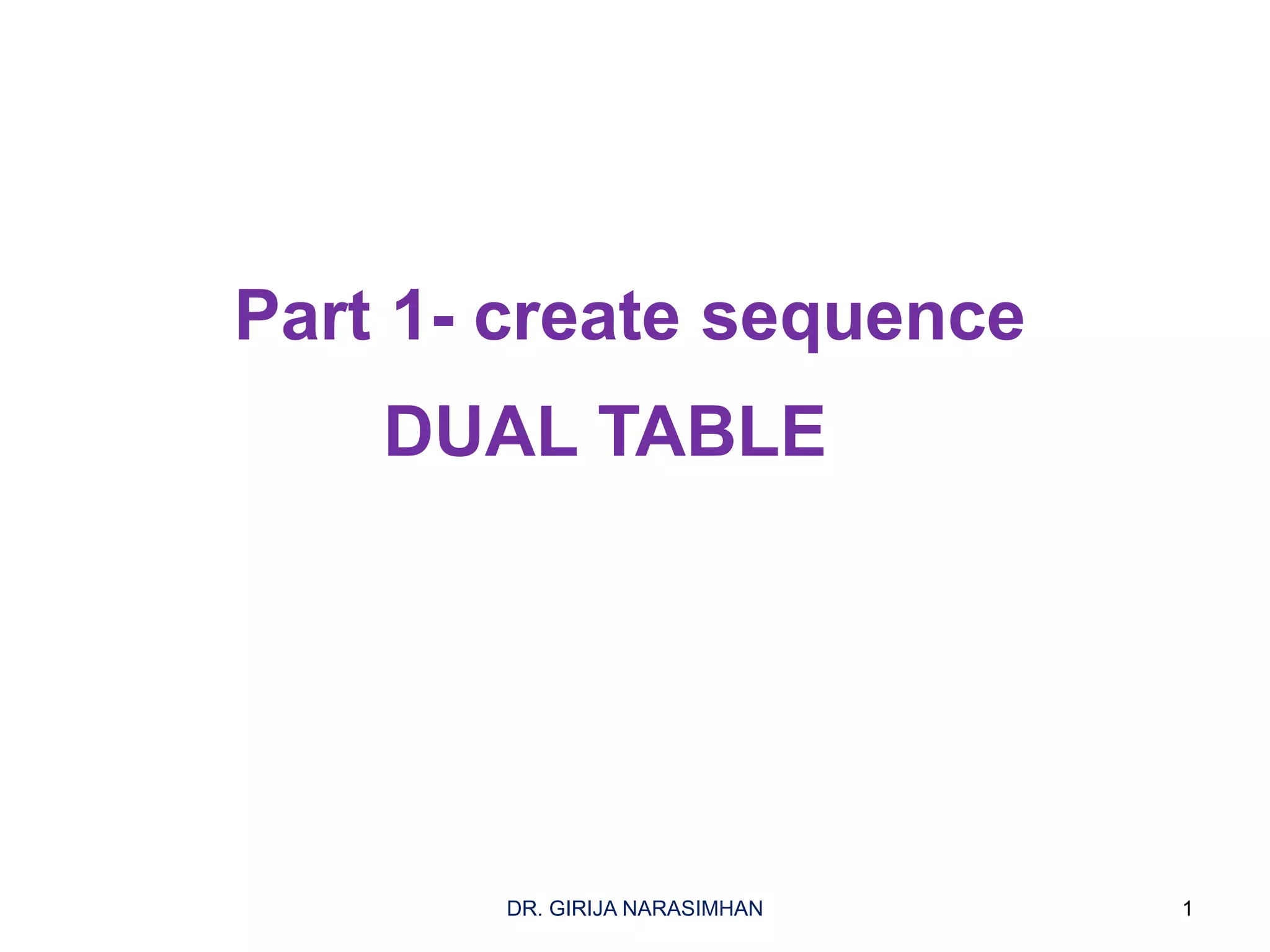 Part 1- create sequence
DUAL TABLE
1DR. GIRIJA NARASIMHAN