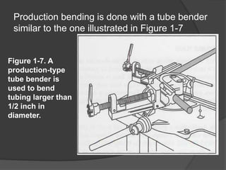 Production bending is done with a tube bender
similar to the one illustrated in Figure 1-7
Figure 1-7. A
production-type
tube bender is
used to bend
tubing larger than
1/2 inch in
diameter.
 