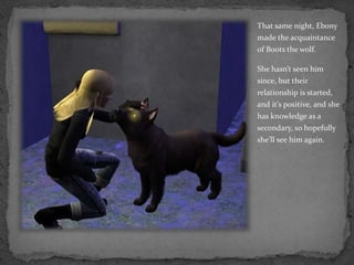 That same night, Ebony made the acquaintance of Boots the wolf.She hasn’t seen him since, but their  relationship is started, and it’s positive, and she has knowledge as a secondary, so hopefully she’ll see him again.