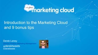 in/derektweets
@derektweets
Derek Laney
Director Product Marketing Management
Introduction to the Marketing Cloud
and 9 bonus tips
 