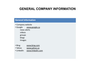 DETAILED COMPANY INFORMATION
Detailed Information
• Google Finance www.google.ca/finance
• Yahoo Finance http://finance.ya...