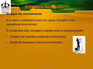 Situation Analysis
Analyse the environments
It is vital to understand what can cause changes in our
operational environment.
It is important that managers analyse what is happening both:
• Outside the business (external environment)
• Inside the business (internal environment)
Slide 28DEDY WIJAYANTO
 