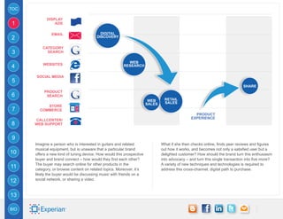 TOC

            DISPLAY
1               ADS

               EMAIL                       DIGITAL
2                                        DISCOVERY

          CATEGORY
3           SEARCH

                                                          WEB
          WEBSITES
4                                                       RESEARCH

      SOCIAL MEDIA
5
                                                                                                                              SHARE
           PRODUCT
6           SEARCH
                                                                        WEB      RETAIL
                                                                       SALES     SALES
           STORE
7       COMMERCE
                                                                                                  PRODUCT
                                                                                                EXPERIENCE
      CALLCENTER/
8     WEB SUPPORT


9
      Imagine a person who is interested in guitars and related                What if she then checks online, finds peer reviews and figures
      musical equipment, but is unaware that a particular brand                out how it works, and becomes not only a satisfied user but a
10    offers a new kind of tuning device. How would this prospective           delighted customer? How should the brand turn this enthusiasm
      buyer and brand connect – how would they find each other?                into advocacy – and turn this single transaction into five more?
      The buyer may search online for other products in the                    A variety of new techniques and technologies is required to
11    category, or browse content on related topics. Moreover, it’s            address this cross-channel, digital path to purchase.
      likely the buyer would be discussing music with friends on a
12    social network, or sharing a video.



13

BIO
 