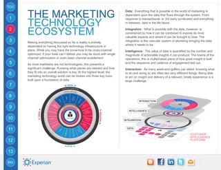 TOC

      The Marketing
                                                                            Data: Everything that is possible in the world of marketing is
                                                                            dependent upon the data that flows through the system. From
1
      Technology
                                                                            response to transactional, or 3rd party syndicated and everything
                                                                            in between, data is the life blood.

2
      Ecosystem                                                             Integration: What is possible with the data, however, is
                                                                            constrained by how it can be combined to expose its most
                                                                            valuable aspects and where it can be brought to bear. The
3     Making everything discussed so far a reality is entirely              integration is like vascular system or plumbing bringing the data
      dependent on having the right technology infrastructure in            where it needs to be.
      place. While you may have the know-how to be cross-channel
4                                                                           Intelligence: The value of data is quantified by the number and
      optimized, if your tools can’t deliver you may be stuck with single   magnitude of actionable insights it can produce. The brains of the
      channel optimization or even basic channel enablement.                operations, this is multiphased piece of how great insight is built
5     As most marketers are not technologists, this presents a              and the sequence and cadence of engagement laid out.
      significant challenge. Knowing what pieces are needed and how         Interaction: As many week-end golfers can attest, knowing what
      they fit into an overall solution is key. At the highest level, the
6     marketing technology world can be broken into three key hubs
                                                                            to do and doing so are often two very different things. Being able
                                                                            to act on insight and delivery of a relevant, timely experience is a
      built upon a foundation of data.                                      large challenge.
7

8
                                                                                      INTERACTION

9
                                                                               INTELLIGENCE


10                                                                          INTEGRATION


11                                                                           data

                                                                                                                             customer
                                                                                                                             intelligence
12                                                                                                                           platform



13

BIO
 