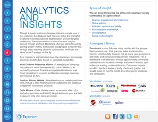 TOC


      ANALYTICS
                                                                                Types of Insight
1                                                                               We can know things like this at the individual (personally


      and                                                                       identifiable) or segment level:
                                                                                -- Channel engagement and preference

      insights
2
                                                                                -- Online activity
                                                                                -- Attitudes, opinions and beliefs
3                                                                               -- Psychographic and lifestyle
      Though a master customer database delivers a single view of               -- Demographics
      the customer, the database itself does not solve any marketing            -- Social media insights
4     problems like better audience segmentation or more targeted
      messaging. These optimization problems require insights
5     derived through analytics. Marketers often get started by simply          Acronyms / Terms:
      gaining greater visibility and access to aggregate customer data
                                                                                Dashboard – most folks are pretty familiar with the gauges,
      through static reporting, dynamic dashboards, and tools that
                                                                                thermometers, etc., that grace our sales and executive
6     allow “what if” analysis on the fly.
                                                                                reports. Unfortunately, however, not as many have experience
      As a marketer’s sophistication rises, they implement increasingly         with really well-conceived measurement metaphors. For a
      advanced analytic tools based on statistical models like:                 dashboard to be effective, it should appropriately summarize
7                                                                               operational data in metrics or ways that make it easy to spot
      Multi-Channel Response Models - Leverage past campaign                    outliers or leading problem indicators. Dashboard reports
      responders in model development to predict likelihood to                  shouldn’t just be a series of pretty charts and graphs, but
8     respond by channel. Enables appropriate allocation of mail.               should focus on how the results drive changes to strategies
      Email circulation to cut costs and boosts campaign response               and campaigns.
      and revenue 20-40%.
9
      Product Affinity Models - Next Best Product Models predict the            Vendors: SOFTWARE
      best product to offer. Replenishment Models rank the likelihood
10    to replenish consumable products.

      Delta Models - Delta Models predict incremental effect of a
11    marketing promotion and identify target audiences who are likely
      to respond only when being promoted.                                      Vendors: SERVICE
12    All three types of tools can be integrated to drive increased response,
      reduce promotional markdowns, and drive customer engagement.

13

BIO
 