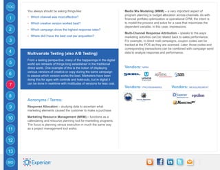 TOC
      You always should be asking things like:                              Media Mix Modeling (MMM) – a very important aspect of
                                                                            program planning is budget allocation across channels. As with
1     -- Which channel was most effective?
                                                                            financial portfolio optimization or operational CPM, the intent is
      -- Which creative version worked best?                                to model the process and solve for a case that maximizes the
                                                                            dependent variable, in this case, impressions.
2     -- Which campaign drove the highest response rates?
                                                                            Multi-Channel Response Attribution – speaks to the ways
      -- Where did I have the best cost per acquisition?                    marketing activities can be related back to sales performance.
3                                                                           For example, in direct mail campaigns, coupon codes can be
                                                                            tracked at the POS as they are scanned. Later, those codes and
                                                                            corresponding transactions can be combined with campaign send
4     Multivariate Testing (also A/B Testing)                               data to analyze response and performance.

      From a testing perspective, many of the happenings in the digital
5     world are retreads of things long established in the traditional
      direct world. One example of this is the notion of displaying         Vendors: MRM
      various versions of creative or copy during the same campaign
6     to assess which version works the best. Marketers have been
      doing this for ages with controls and hold-outs, but in digital it
      can be done in real-time with multitudes of versions for less cost.
7                                                                           Vendors: Programming                Vendors: measurement

8
      Acronyms / Terms:
9     Response Allocation – studying data to ascertain what
      marketing elements caused the customer to make a purchase.

      Marketing Resource Management (MRM) – functions as a
10
      calendaring and resource planning tool for marketing programs.
      The focus is planning versus execution in much the same way
11    as a project management tool works.


12

13

BIO
 