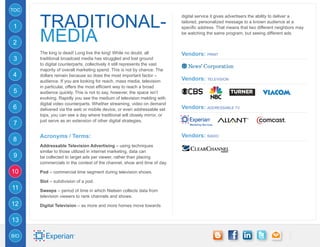 TOC


      traditional-
                                                                           digital service it gives advertisers the ability to deliver a
                                                                           tailored, personalized message to a known audience at a
1

      media
                                                                           specific address. That means that two different neighbors may
                                                                           be watching the same program, but seeing different ads.

2
      The king is dead! Long live the king! While no doubt, all            Vendors: print
3     traditional broadcast media has struggled and lost ground
      to digital counterparts, collectively it still represents the vast
      majority of overall marketing spend. This is not by chance. The
4     dollars remain because so does the most important factor –
      audience. If you are looking for reach, mass media, television       Vendors: television
      in particular, offers the most efficient way to reach a broad
5     audience quickly. This is not to say, however, the space isn’t
      evolving. Rapidly you see the medium of television melding with
      digital video counterparts. Whether streaming, video on demand
6     delivered via the web or mobile device, or even addressable set      Vendors: addressable tv
      tops, you can see a day where traditional will closely mirror, or
      just serve as an extension of other digital strategies.
7
      Acronyms / Terms:                                                    Vendors: radio
8
      Addressable Television Advertising – using techniques
      similar to those utilized in internet marketing, data can
9     be collected to target ads per viewer, rather than placing
      commercials in the context of the channel, show and time of day.

10    Pod – commercial time segment during television shows.

      Slot – subdivision of a pod.
11    Sweeps – period of time in which Nielsen collects data from
      television viewers to rank channels and shows.
12    Digital Television – as more and more homes move towards


13

BIO
 