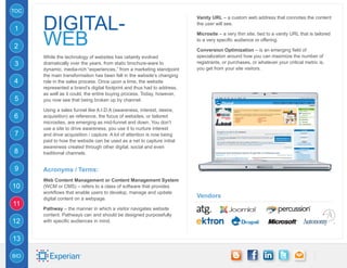 TOC


      digital-
                                                                         Vanity URL – a custom web address that connotes the content
                                                                         the user will see.
1

      WEB
                                                                         Microsite – a very thin site, tied to a vanity URL that is tailored
                                                                         to a very specific audience or offering.
2                                                                        Conversion Optimization – is an emerging field of
      While the technology of websites has cetainly evolved              specialization around how you can maximize the number of
3     dramatically over the years, from static brochure-ware to          registrants, or purchases, or whatever your critical metric is,
      dynamic, media-rich “experiences,” from a marketing standpoint     you get from your site visitors.
      the main transformation has been felt in the website’s changing
4     role in the sales process. Once upon a time, the website
      represented a brand’s digital footprint and thus had to address,
      as well as it could, the entire buying process. Today, however,
5     you now see that being broken up by channel.

      Using a sales funnel like A.I.D.A (awareness, interest, desire,
6     acquisition) as reference, the focus of websites, or tailored
      microsites, are emerging as mid-funnel and down. You don’t
      use a site to drive awareness, you use it to nurture interest
7     and drive acquisition / capture. A lot of attention is now being
      paid to how the website can be used as a net to capture initial
      awareness created through other digital, social and even
8     traditional channels.


9     Acronyms / Terms:
      Web Content Management or Content Management System
10    (WCM or CMS) – refers to a class of software that provides
      workflows that enable users to develop, manage and update
      digital content on a webpage.                                      Vendors
11
      Pathway – the manner in which a visitor navigates website
      content. Pathways can and should be designed purposefully
12    with specific audiences in mind.


13

BIO
 