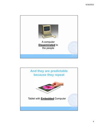 9/18/2012




         A computer
       Disseminated to
          the people




 And they are predictable
   because they repeat




Tablet with Embedded Computer




                                       4
 