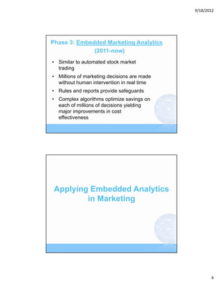 9/18/2012




Phase 3: Embedded Marketing Analytics
              (2011-now)
• Similar to automated stock market
  trading
• Millions of marketing decisions are made
  without human intervention in real time
• Rules and reports provide safeguards
• Complex algorithms optimize savings on
  each of millions of decisions yielding
  major improvements in cost
  effectiveness




 Applying Embedded Analytics
         in Marketing




                                                    6
 