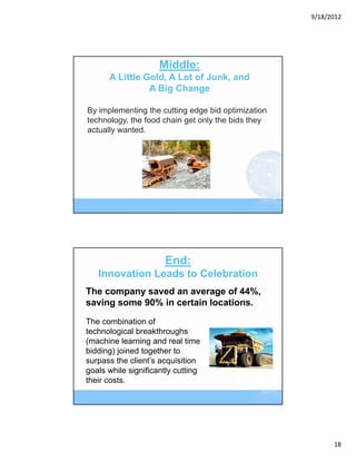 9/18/2012




                     Middle:
      A Little Gold, A Lot of Junk, and
                A Big Change

By implementing the cutting edge bid optimization
technology, the food chain get only the bids they
actually wanted.




                      End:
   Innovation Leads to Celebration
The company saved an average of 44%,
saving some 90% in certain locations.
The combination of
technological breakthroughs
(machine learning and real time
bidding) joined together to
surpass the client’s acquisition
goals while significantly cutting
their costs.




                                                          18
 