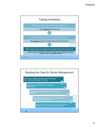 9/18/2012




                         Taking Inventory
              What are your company’s business and customer objectives?


                          What obstacles are in the way?




           What data and campaign information can you not integrate today?


           What systems capture customer data across the company?




  What is happening across the company that was not included in the initial DB build?

        What is done in marketing, research, digital, social, editorial, customer
                         service, email, mobile and finance?

 21




  Building the Case for Senior Management

Gather case studies & success stories that pertain
to your particular business & industry


      Identify quick wins & gains vs. a long term
      detailed plan


          Determine a reasonable budget for funding &
          operations


               When necessary, think small using test databases
               & prototypes to gain approval


                    Don’t overbuild—meet your current & near future
                    needs since technology & business change


  22




                                                                                              11
 