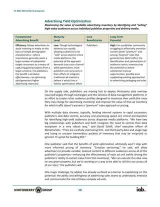 © 2012 Winterberry Group LLC.



                            Advertising Yield Optimization
                            Maximizing the value of available advertising inventory by identifying and “selling”
                            high-value audiences across individual publisher properties and delivery media.

 Fundamental                         Maturity                        Core            Long-Term
 Advertising Benefit                 Level                           Beneficiaries   Potential
 Efficiency: Allows advertisers to   Low: Though technological       Publishers      High: For a publisher community
 avoid investing in media on the     advances are rapidly                            struggling to effectively monetize
 basis of simple demographic         allowing audiences to be                        content (both “premium” and
 characteristics—where               “sold” across distinct online                   among “long tail” sites that
 impressions generally reach a       media platforms, the                            generate less Web traffic), the
 large number of suboptimal          potential of the approach                       identification and optimization of
 target consumers as a means of      demands true cross-channel                      audience-centric inventory has
 capturing good prospects from a     yield optimization; most                        the potential to deliver
 larger universe. (To publishers,    publishers are very early in                    substantial revenue
 the benefit is all about            their efforts to integrate                      opportunities, possibly even
 effectiveness—as optimizing         traditional ad inventory                        supplanting existing approached
 yield generates higher              (where it exists) into a                        to advertising packaging and sales
 advertising revenues)               holistic optimization effort

                            On the supply side, publishers are moving fast to deploy third-party data overlays
                            (sourced largely through exchanges) and the services of data management platforms in
                            an effort to create richer audience profiles designed to maximize their yield (the rates
                            they may charge for advertising inventory) and improve the value of that ad inventory
                            for which traffic doesn’t warrant a “premium” sales approach or pricing.

                            With multiple data streams, typically, feeding internal systems in rapid succession,
                            publishers said data control, accuracy and processing speed are critical prerequisites
                            for identifying high-yield audiences across disparate media platforms. “We have two
                            big relationships with publishers and both recognize the need to control their data
                            ecosystem in a very robust way,” said David Soloff, chief executive officer of
                            Metamarkets. “They are carefully overseeing first- and third-party data and usage logs
                            and trying to uncover tremendous pockets of inventory that may be mispriced or
                            ignored. It’s great for building ROI.”

                            One publisher said that the benefits of yield optimization ultimately won’t stop with
                            more informed pricing of inventory. “Creative versioning,” he said, will allow
                            advertisers to provide variable, tailored content to different audiences across all of the
                            publisher’s properties—enhancing the effectiveness of each ad unit (while driving the
                            publishers’ ability to extract value from that inventory). “We can execute this idea now
                            on any given property, but we’re working on a way to be able to roll this out across all
                            of our sites,” the publisher said.

                            One major challenge, he added, has already surfaced as a barrier to capitalizing on this
                            potential: the ability and willingness of advertising sales teams to understand, embrace
                            and communicate the role of these complex ad units.


                                                            10
 