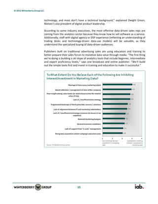 © 2012 Winterberry Group LLC.



                            technology, and most don’t have a technical background,” explained Dwight Green,
                            Nielsen’s vice president of digital product leadership.

                            According to some industry executives, the most effective data-driven sales reps are
                            coming from the analytics sector because they know how to sell software as a service.
                            Additionally, staff with digital agency or DSP experience (reflecting an understanding of
                            trading desks and technology-driven data-use models) will be valuable, as they
                            understand the specialized buying of data-driven audiences.

                            Publishers built on traditional advertising sales are using education and training to
                            better prepare their sales forces to monetize data value through media. “The first thing
                            we’re doing is building a ski slope of analytics tools that include beginner, intermediate
                            and expert proficiency levels,” says one broadcast and online publisher. “We’ll build
                            out the simple tools first and invest in training and education to make it successful.”




                                                         15
 