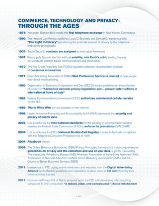 Commerce, Technology and Privacy:
Through the Ages
1878 	 Alexander Graham Bell installs the first telephone exchange in New Haven, Connecticut

1890 	 The Harvard Law Review publishes Louis D. Brandeis and Samuel D. Warren’s article,
	      “The Right to Privacy” questioning the potential invasion of privacy by the telephone
	      and candid photography

1936	 Social Security numbers are assigned to most adult Americans

1957	 Russia puts Sputnik, the first artificial satellite, into Earth’s orbit, leading the way
	     for worldwide satellite-based communications and observation

1970 	 The Fair Credit Reporting Act (FCRA) regulates collection, dissemination and use
	of consumer information

1971	 Direct Marketing Association’s (DMA) Mail Preference Service is created to help people
	     filter direct mail marketing

1980	 Organization of Economic Cooperation and Dev. (OECD) issues guidelines on the protection
	     of privacy to “harmonize national privacy legislation and ... prevent interruptions in 		
	     international flows of data”

1982	 Federal Communications Commission (FCC) authorizes commercial cellular service
	     for the U.S.

1989	 World Wide Web service available on the Internet

1996 	 Health Insurance Portability and Accountability Act (HIPAA) addresses the security and 		
	      privacy of health data

2003	 U.S. establishes the first national standards for the sending of commercial e-mail and 		
	     requires the Federal Trade Commission (FTC) to enforce its provisions (CAN SPAM)

2003 	 U.S. establishes the FTC’s National Do-Not-Call Registry in order to facilitate compliance 		
	      with the Telephone Consumer Protection Act of 1991

2004	 Facebook debuts

2009	   The Online Behavioral Advertising (OBA) Privacy Principles, the industry’s most comprehensive
	       guidelines on privacy and the collection and use of user data, is jointly released by 		
	       The Interactive Advertising Bureau (IAB), American Association of Advertising Agencies (4A’s),
	       Association of National Advertisers (ANA), Direct Marketing Association (DMA), and the
	       Council of Better Business Bureaus (BBB)

2011	 In response to FTC urging, online advertisers and websites form the Digital Advertising
	Alliance and establish guidelines and capabilities to allow users to opt out of having their
	     online activities tracked

2011	 Commercial Privacy Bill of Rights proposal tasks the FTC with developing rules requiring
	     companies to offer consumers “a robust, clear, and conspicuous” choice mechanism



                                                  •4•
 