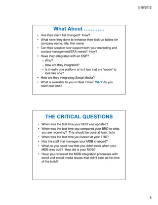9/18/2012




            What About …………
• Has their client list changed? How?
• What have they done to enhance their look-up tables for
  company name, title, first name
• Can their solution now support both your marketing and
  contact management/SFA needs? How?
• Have they integrated with an ESP?
   – Who?
   – How are they integrated?
   – Is it really one platform or is it two that are “made” to
     look like one?
• How are they integrating Social Media?
• What is available to you in Real Time? WHY do you
  need real time?




      THE CRITICAL QUESTIONS
• When was the last time your BRD was updated?
• When was the last time you compared your BRD to what
  you are receiving? This should be done at least 1x/yr
• When was the last time you looked at your ERD?
• Has the staff that manages your MDB changed?
• What do you need now that you didn't need when your
  MDB was built? How old is your MDB?
• Have you reviewed the MDB integration processes with
  email and social media issues that didn't exist at the time
  of the build?




                                                                        5
 