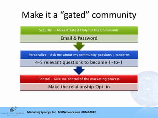 Make it a “gated” community




 Marketing Synergy, Inc MSINetwork.com #DMA2012
 