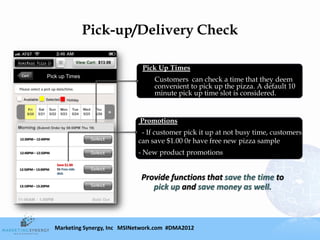 Pick-up/Delivery Check

                                                    Pick Up Times
  Cart            Pick up Times
                                                       Customers can check a time that they deem
 Please select a pick up date/time.                    convenient to pick up the pizza. A default 10
                                                       minute pick up time slot is considered.
   Available     Selected     Holiday



My Past Purchases
                                                   Promotions
Previous Orders                                    - If customer pick it up at not busy time, customers
 12:30PM – 12:40PM
                                                  can save $1.00 0r have free new pizza sample
 12:40PM – 12:50PM                                - New product promotions
                        Save $1.00
 12:50PM – 13:00PM      Or Free side
                        dish

More
                                                   Provide functions that save the time to
 13:10PM – 13:20PM
                                                      pick up and save money as well.



                       Marketing Synergy, Inc MSINetwork.com #DMA2012
 