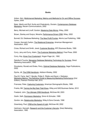 Books


Arikan, Akin, Multichannel Marketing: Metrics and Methods for On and Offline Success,
Sybex, 2008

Baier, Martin and Riuf, Kurtis and Chakraborty, Goutam, Contemporary Database
Marketing, Racam Communications, 2002

Berry, Michael and Linoff, Gordon, Mastering Data Mining, Wiley, 2000

Brown, Stanley and Gulycz, Moosha, Performance Driven CRM, Wiley, 2002

Burnett, Ed, Database Marketing: The New Profit Frontier, Morris Lee Publishing, 1996

Cooper, Kenneth Carlton, The Relational Enterprise, American Management
Association, 2002

Cross, Richard and Smith, Janet, Customer Bonding, NTC Business Books, 1995

Curry, Jany and Curry, Adam, The Customer Marketing Method, Free Press, 2000

Curry, Kay, Know Your Customers!, Kogan Page Ltd., 1992

Deloitte & Touche, Managing Database Marketing Technology for Success, Direct
Marketing Association, 1992

Drozdenko, Ronald and Drake, Perry, Optimal Database Marketing, Sage Publications,
2002

Dyche, Jill, The CRM Handbook, Addison-Wesley, 2002

Paul W. Farris, Neil T. Bendle, Phillip E. Pfeifer and David J. Reibstein,
Marketing Metrics: The Definitive Guide to Measuring Marketing Performance (2nd
Edition), Pearson Prentice Hall, 2010

Francese, Peter, Capturing Customers, American Demographic Books, 1990

Franks, Bill, Taming the Big Data Tidal Wave, Wiley and SAS Business Series, 2012

Freeland, John, The Ultimate CRM Handbook, McGraw-Hill, 2003

Godin, Seth, Permission Marketing, Simon & Schuster, 1999

Gordon, Ian, Relationship Marketing, Wiley & Sons Canada, 1998

Greenberg, Paul, CRM at the Speed of Light, McGraw-Hill, 2002

Hartmann, Kenneth, Research and the Customer Lifecycle, Direct Marketing
Association, 1995
 
