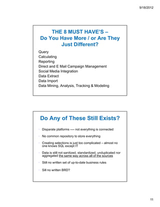 9/18/2012




     THE 8 MUST HAVE’S –
 Do You Have More / or Are They
        Just Different?
Query
Calculating
Reporting
Direct and E Mail Campaign Management
Social Media Integration
Data Extract
Data Import
Data Mining, Analysis, Tracking & Modeling




 Do Any of These Still Exists?
• Disparate platforms ---- not everything is connected

• No common repository to store everything

• Creating selections is just too complicated – almost no
  one knows SQL except IT

• Data is still not sanitized, standardized, unduplicated nor
  aggregated the same way across all of the sources

• Still no written set of up-to-date business rules

• Sill no written BRD?




                                                                      11
 