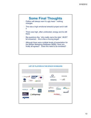 9/18/2012




         Some Final Thoughts
 • Politics will always rear it’s ugly head – nothing
   changes
 • This was a high emotional stressful project and it still
   it
 • There was high, often undirected, energy and its still
   there
 • Big questions like, “who really owns the data”, MUST
   be answered - this is like a moving target!
 • Although there were multiple levels of expectation for
   the Master Marketing Database (MDB), have you
   finally all agreed? Does this need to be reviewed?




        LIST OF PLAYERS IN THIS SPACE IS ENDLESS

Customer Relationship               Extract, Transform, Load
Management (CRM)                    (ETL)




                                  Marketing Automation / Lead
Marketing Service Provider        Management
(MSP)




                                                                      13
 