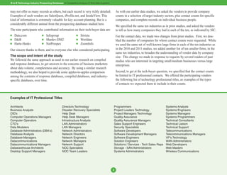 B-to-B Technology Industry Prospecting Databases: A Comparative Analysis of Nine Data Suppliers


may not offer as many records as others, but each record is very richly detailed.                     As with our earlier data studies, we asked the vendors to provide company
Examples of such vendors are SalesQuest, iProfile.net, and InsideView. This                           counts in a selection of target industry sectors, plus contact counts for specific
kind of information is extremely valuable for key account planning. But is a                          companies, and complete records on individual business people.
considerably different animal from the prospecting databases studied here.
                                                                                                      We specified the same ten industries as in prior studies, and asked the vendors
The nine participants who contributed information on their tech-buyer data are:                       to tell us how many companies they had in each of the ten, as indicated by SIC.
n   Data.com                  n   Infogroup                   n    Stirista                           For the contact data, we made two changes from prior studies. First, we dou-
n   D&B                       n   Mardev-DM2                  n    Worldata                           bled the number of companies for whom contact counts were requested. While
n   Harte-Hanks               n   NetProspex                  n    ZoomInfo                           we used the same set of well-known large firms in each of the ten industries as
Our sincere thanks to them, and to everyone else who considered participating.                        in the 2010 and 2011 studies, we added another list of ten smaller firms, in the
                                                                                                      same ten industries, to broaden the understanding of vendor data by company
The scope and intent of the study                                                                     size. This change we made in response to requests by several readers of past
We followed the same approach as used in our earlier research on compiled                             studies who are interested in targeting small/medium businesses versus large
and response databases, to get answers to the concerns of business marketers                          enterprises.
about data volume, completeness and accuracy. By using a similar research
methodology, we also hoped to provide some apples-to-apples comparison                                Second, to get at the tech-buyer question, we specified that the contact counts
among the contents of response databases, compiled databases, and industry-                           be limited to IT professional contacts. We offered the participating vendors
specific databases, over time.                                                                        the following list of technology professional titles, as examples of the types
                                                                                                      of contacts we expected them to include in their counts.



Examples of IT Professional Titles

Architects                                       Directors Technology                             Programmers                                  Systems Analysts
Business Analysts                                Disaster Recovery Specialists                    Project Leaders Technology                   Systems Engineers
CIO's                                            Help Desk                                        Project Managers Technology                  Systems Managers
Computer Operations Managers                     Help Desk Managers                               Quality Assurance                            Systems Programmers
Computer Operators                               Infrastructure Analysts                          Quality Assurance Managers                   Technical Consultants
CTO's                                            LAN Administrators                               Sales Support Engineers                      Technical Liaison
Data Modelers                                    LAN Managers                                     Security Specialists                         Technical Support
Database Administrators (DBA's)                  Network Administrators                           Software Developers                          Telecommunications
Database Analysts                                Network Directors                                Software Development Managers                Telecommunications Managers
Database Managers                                Network Engineers                                Software Engineers                           VP's Technology
Datacommunications                               Network Managers                                 Solution Engineers                           WAN Administrators
Datacommunications Managers                      Network Support                                  Solutions / Services - Tech Sales Reps       Web Developers
Datawarehouse Architects                         NOC Specialists                                  Storage - SAN Administrators                 Web Masters
Desktop Support Managers                         NOC Team Leaders                                 Systems Administrators                       Wireless Communications




                                                                                                  2
 