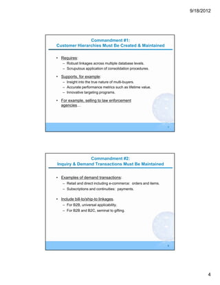 9/18/2012




               Commandment #1:
Customer Hierarchies Must Be Created & Maintained

• Requires:
   – Robust linkages across multiple database levels.
   – Scrupulous application of consolidation procedures.

• Supports, for example:
   – Insight into the true nature of multi-buyers.
   – Accurate performance metrics such as lifetime value.
   – Innovative targeting programs.

• For example, selling to law enforcement
  agencies…




                                                                 7




               Commandment #2:
Inquiry & Demand Transactions Must Be Maintained


• Examples of demand transactions:
   – Retail and direct including e-commerce: orders and items.
   – Subscriptions and continuities: payments.

• Include bill-to/ship-to linkages.
   – For B2B, universal applicability.
   – For B2B and B2C, seminal to gifting.




                                                                 8




                                                                            4
 