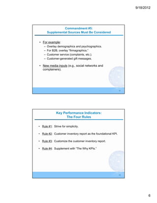 9/18/2012




                  Commandment #5:
        Supplemental Sources Must Be Considered


• For example:
    –   Overlay demographics and psychographics.
    –   For B2B, overlay “firmagraphics.”
    –   Customer service (complaints, etc.).
    –   Customer-generated gift messages.

• New media inputs (e.g., social networks and
  complainers).




                                                                11




              Key Performance Indicators:
                    The Four Rules

• Rule #1: Strive for simplicity.

• Rule #2: Customer inventory report as the foundational KPI.

• Rule #3: Customize the customer inventory report.

• Rule #4: Supplement with “The Why KPIs.”




                                                                12




                                                                            6
 