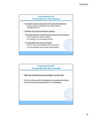 9/18/2012




                   Commandment #9:
             The Data Must Be Time-Stamped

• Re-creation requires going beyond the naturally-date-driven.
   – Address changes, progression of change statuses,
     demographics, etc.

• Modeling and product progression analysis.

• “The Easter Monster” & other floating events that drive behavior.
   – The importance of relative analysis.
   – For example, the unnecessary fire-drill…

• The serial killer was caught, but what if:
   – Only the most current address had been saved?
   – The old addresses had not been date-stamped?


                                                                      19




                  Commandment #10:
            The Data Must Not Be Overwritten


• After the financial services example, enough said!

• Do not confuse with full-replacement update techniques,
  when the incremental approach is not feasible.




                                                                      20




                                                                                 10
 