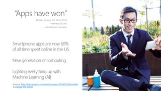 Mobile is Eating the World 2016
—Benedict Evans
—Andreessen Horowitz
: http://ben-evans.com/benedictevans/2016/12/8/mobile-
is-eating-the-world
 