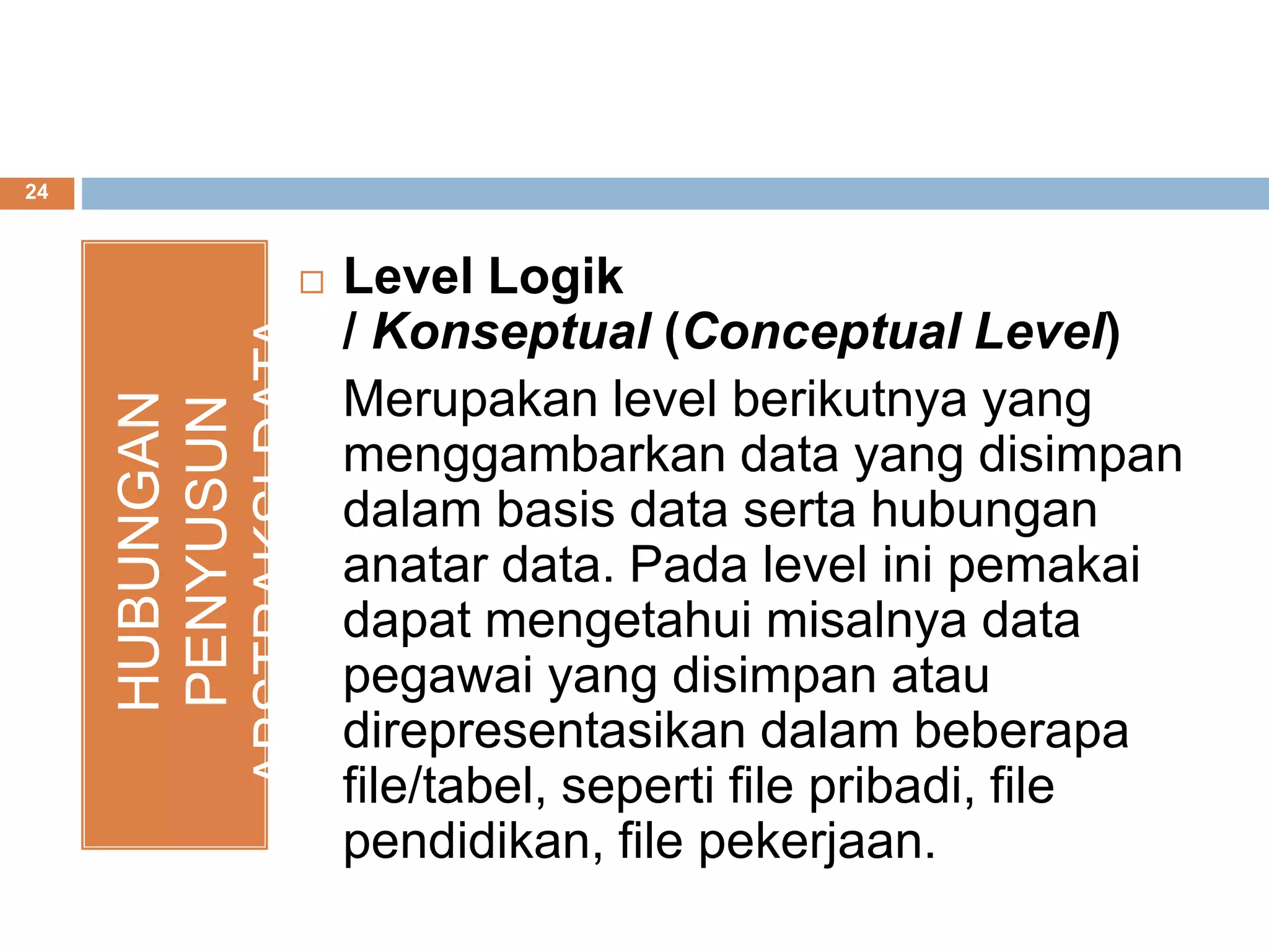 24
HUBUNGAN
PENYUSUN
ABSTRAKSIDATA Level Logik
/ Konseptual (Conceptual Level)
Merupakan level berikutnya yang
menggambarkan data yang disimpan
dalam basis data serta hubungan
anatar data. Pada level ini pemakai
dapat mengetahui misalnya data
pegawai yang disimpan atau
direpresentasikan dalam beberapa
file/tabel, seperti file pribadi, file
pendidikan, file pekerjaan.
 