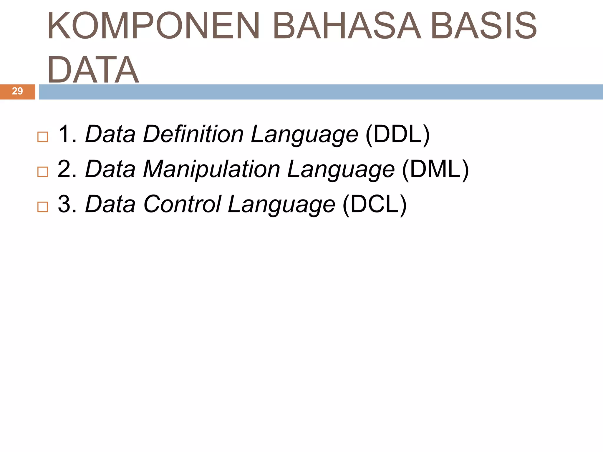 KOMPONEN BAHASA BASIS
DATA29
 1. Data Definition Language (DDL)
 2. Data Manipulation Language (DML)
 3. Data Control Language (DCL)
 