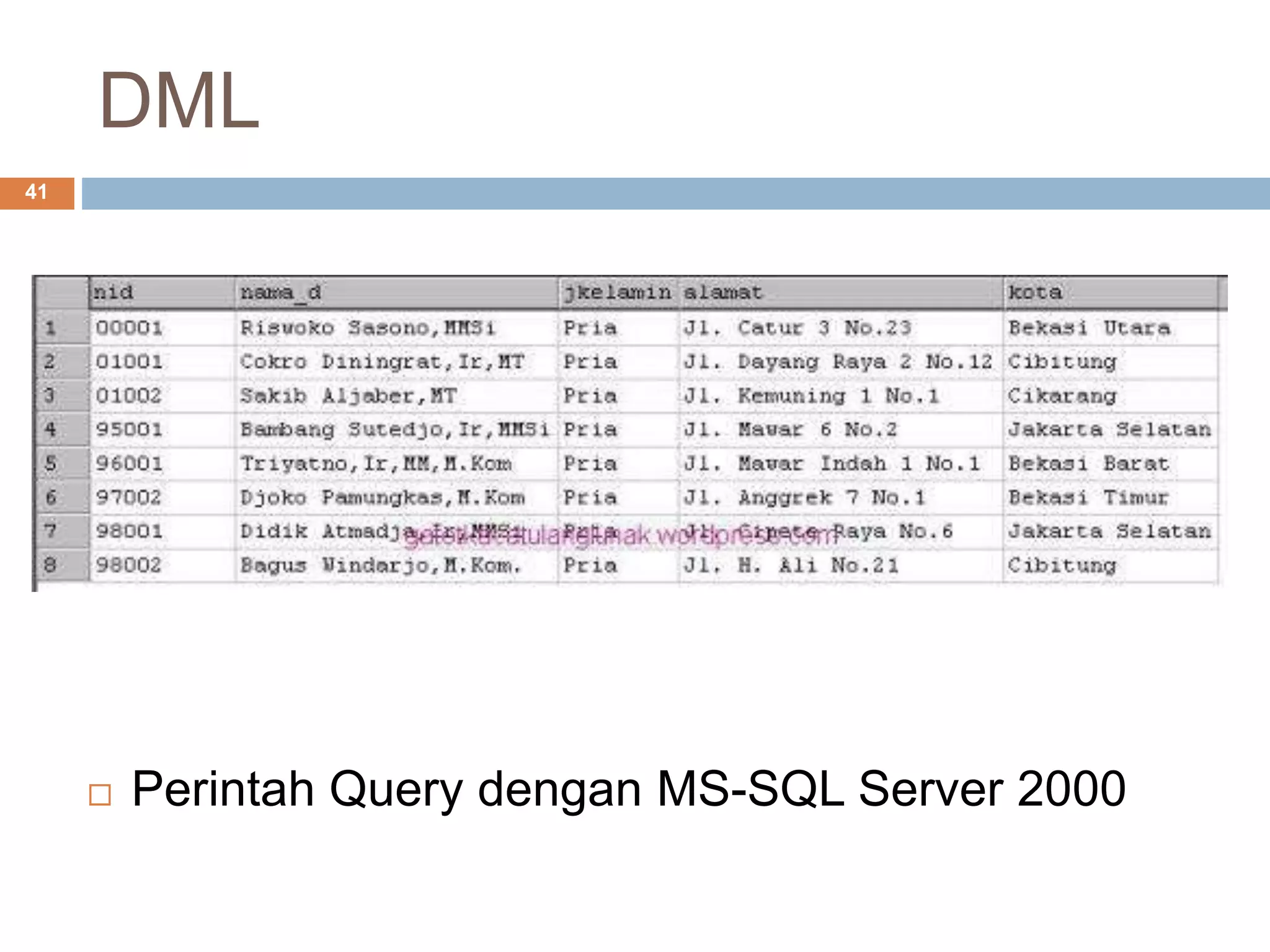 DML
41
 Perintah Query dengan MS-SQL Server 2000
 