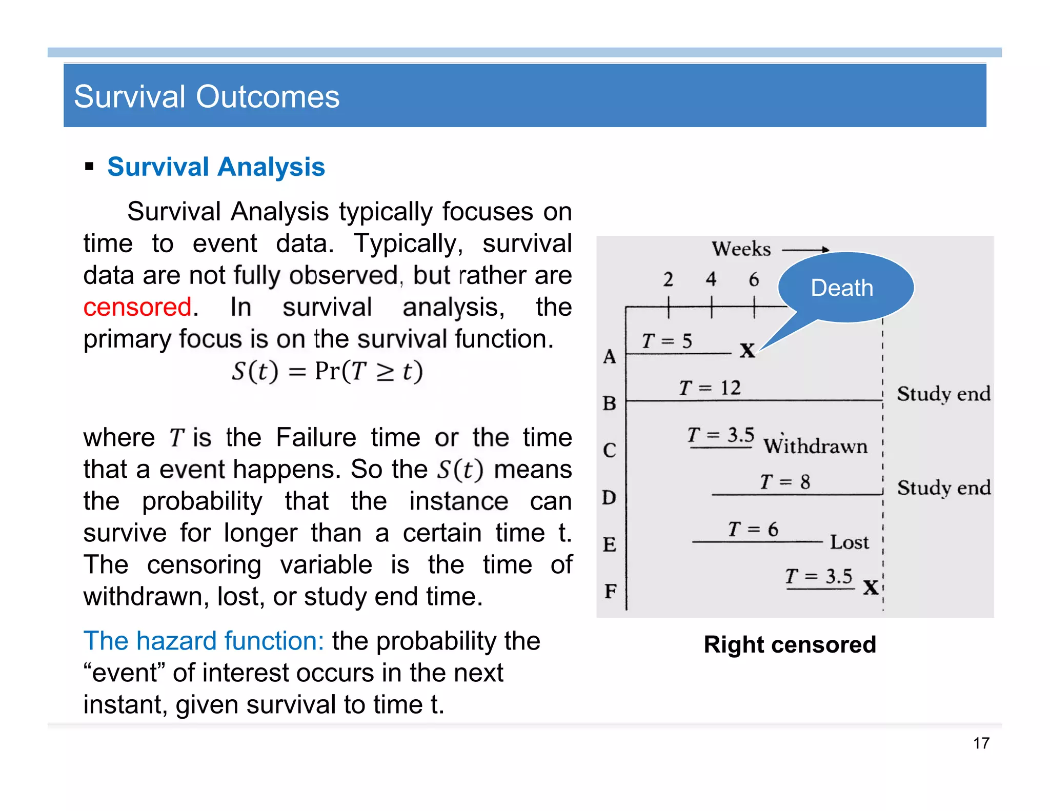 17
Survival Outcomes
 Survival Analysis
Survival Analysis typically focuses on
time to event data. Typically, survival
data are not fully observed, but rather are
censored. In survival analysis, the
primary focus is on the survival function.
= Pr ≥
where is the Failure time or the time
that a event happens. So the means
the probability that the instance can
survive for longer than a certain time t.
The censoring variable is the time of
withdrawn, lost, or study end time.
The hazard function: the probability the
“event” of interest occurs in the next
instant, given survival to time t.
Death
Right censored
 