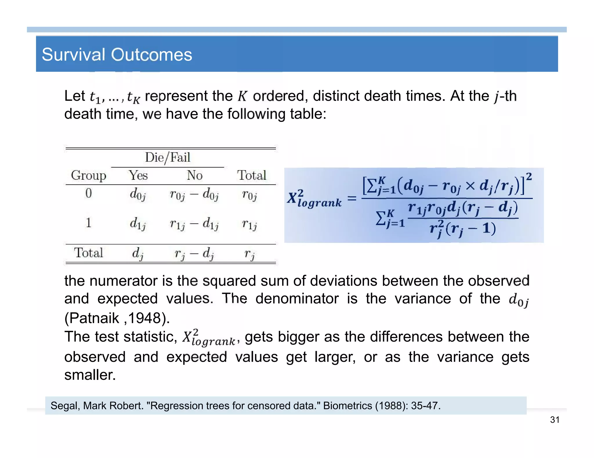 31
Survival Outcomes
=
∑ − × /
∑
( − )
( − )
the numerator is the squared sum of deviations between the observed
and expected values. The denominator is the variance of the
(Patnaik ,1948).
The test statistic, , gets bigger as the differences between the
observed and expected values get larger, or as the variance gets
smaller.
Let , … , represent the ordered, distinct death times. At the -th
death time, we have the following table:
Segal, Mark Robert. "Regression trees for censored data." Biometrics (1988): 35-47.
 