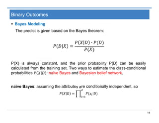 14
Binary Outcomes
 Bayes Modeling
The predict is given based on the Bayes theorem:
=
∙ ( )
( )
P(X) is always constant, and the prior probability P(D) can be easily
calculated from the training set. Two ways to estimate the class-conditional
probabilities : naϊve Bayes and Bayesian belief network.
naϊve Bayes: assuming the attributes are conditionally independent, so
= ( | )
 