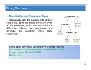 15
Binary Outcomes
 Classification and Regression Trees
Recursively split the patients into smaller
subgroups. Splits are based on cut-off levels
of the predictors, which can maximize the
difference between two subgroups, and
minimize the variability within these
subgroups.
Some other commonly used binary outcomes models:
Multivariate additive regression splines (MARS) models
Support Vector Machine (SVM)
Neural Nets …
 