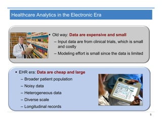 5
Healthcare Analytics in the Electronic Era
 Old way: Data are expensive and small
– Input data are from clinical trials, which is small
and costly
– Modeling effort is small since the data is limited
 EHR era: Data are cheap and large
– Broader patient population
– Noisy data
– Heterogeneous data
– Diverse scale
– Longitudinal records
 